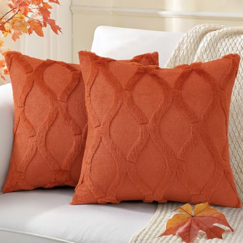 decorUhome Fall Throw Pillow Covers 18x18 Inch Set of 2, Soft Plush Faux Fur Wool Rust Couch Pillow Covers, Decorative Neutral Pillow Cases for Bed Sofa Living Room Home Decor