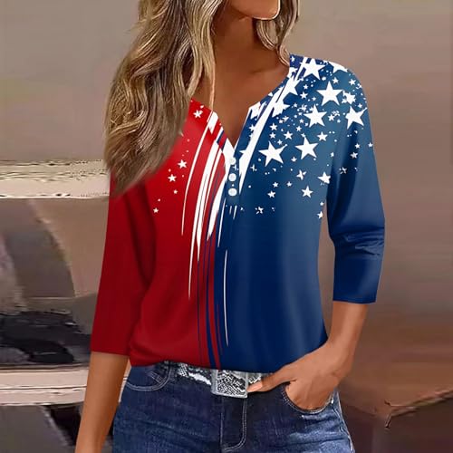 Image of 4th of July Shirts Women 3 /4 Length Sleeve Womens Tops Henley Neck Casual Patriotic T Shirts