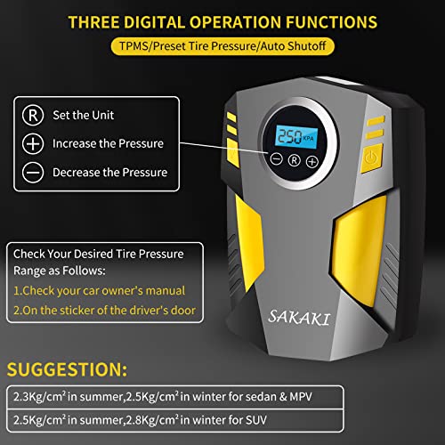 Image of Tire Inflator Portable Air Compressor Car Tire Pump with 3 Nozzle Adaptors and Digital LED Light DC 12V Electric Car Air Pump for Car Tires and Other Inflatables Yellow