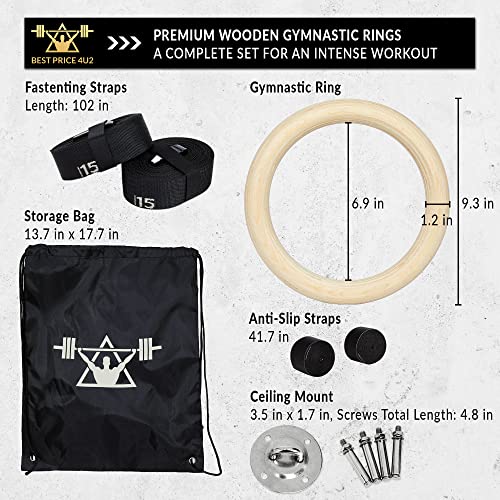 Bestprice4U2 Gymnastic Rings With Adjustable Straps - Fitness Rings - Calisthenics Ring For Full Body Workout - Incl. Anti-Slip Grip Tape & Carry Bag #TOP1