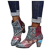 Dasongff Stiefeletten mit Absatz Damen Kurze Stiefel Frauen Warme rutschfest Schlupfstiefel Retro Bunte Patchwork Blumen Vintage Stiefeletten Kurzstiefel 2022 Sommerstiefel Schuhe Party Schuhe