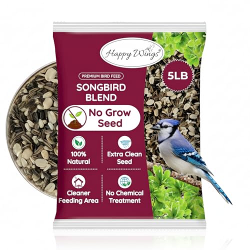 Happy Wings No Grow Bird Seed Mix 5lb - Songbird Bird Seed with Sunflower, Safflower & Peanuts - No Mess Birdseed for Outside Feeders - Suitable Birdseed for Wild Birds