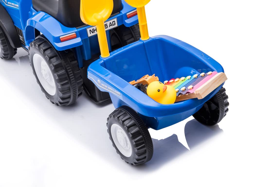sun baby Macchinina Cavalcabile per Bambini licenza New Holland, Macchina a spinta da 12 mesi, licenza, pala e rastrello, clacson, suono del motore (Blu)