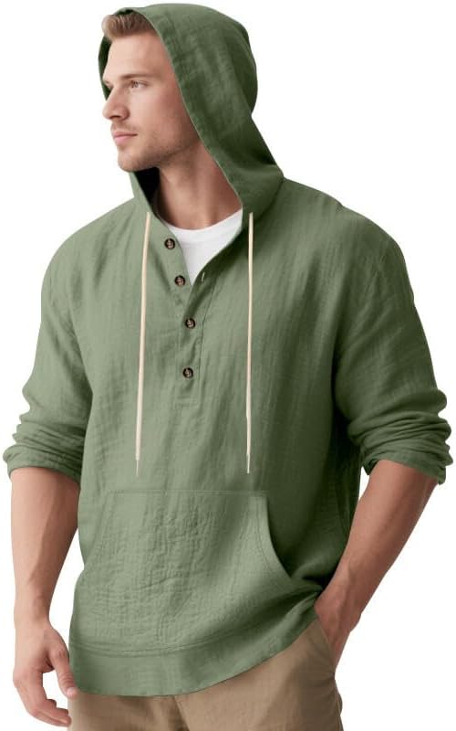 Men's Linen Hoodie Lightweight Hawaiian Shirt Casual Beach Shirt with Pockets - Image 4