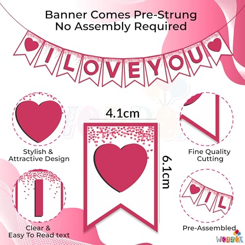 Image of Wobbox White & Pink Text inchI Love You inch Bunting Banner for Anniversary, Pre-Wedding & Wedding, Love Banner for Decoration
