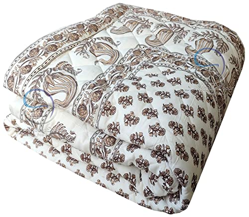 Image of Jaipuri Razai Single Bed Gold Print with Computerized Quilting Use as Soft and Breathable Cotton Comforter Quilt Rajai Blanket Dohar Size 55X85 inch Off White (Cream) Pack of 1