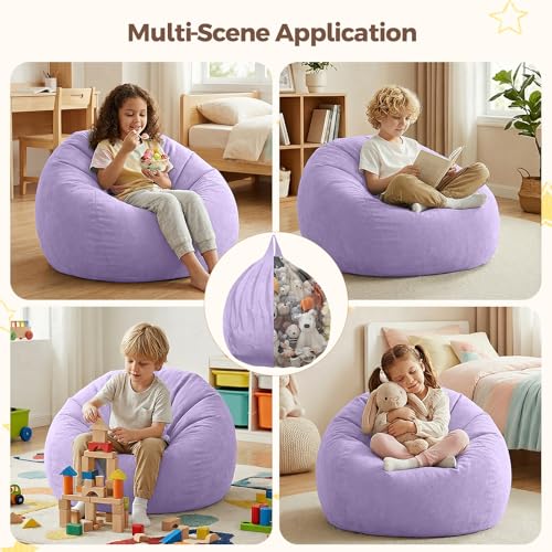 Image of Stuffed Animal Storage Bean Bag Chair Cover for Kids (No Filler), Soft Comfy Velvet Beanbag Chair Cover Machine Washable, Kids Bean Bag Chair with Handle for Living Room Bedroom Dorm, Purple