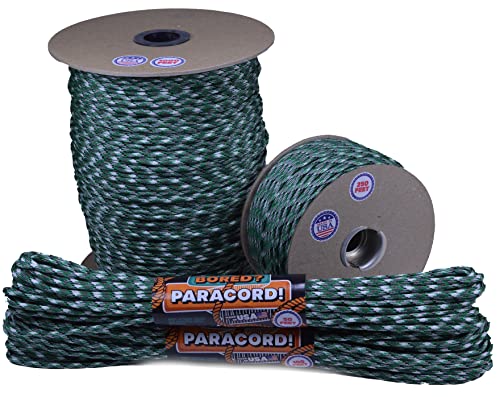 Bored Paracord - 1', 10', 25', 50', 100' Hanks & 250', 1000' Spools of Parachute 550 Cord Type III 7 Strand Paracord Well Over 300 Colors - Kelly Green Camo - 1 Foot