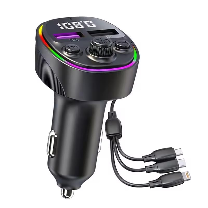 3-in-1 Bluetooth Car Charger with FM Transmitter - 22.5W Universal Car Adapter with Built-in USB-C, Lightning, and Android Charging cables - Fast Charging, Hands-Free Calling, High-Fidelity Audio