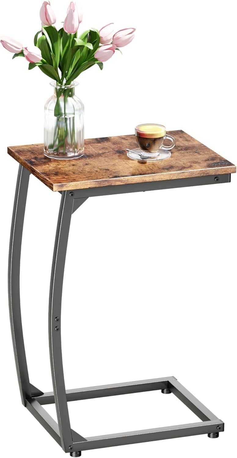 LAKEMID C-Shaped End-Table - Side Table for Couch,Curved Support Legs, Slide Under Couch Table for Sofa, TV Tray Table for Living Room Bedroom (Rustic
