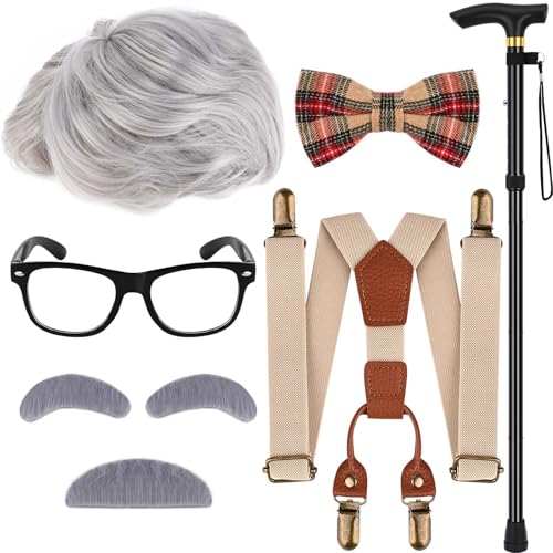 Yanbuny Old Man Costume Accessories Grandpa Costume with Grey Wig Mustache Eyebrows Cane Glasses Bow Tie Suspenders Cane (Style2)