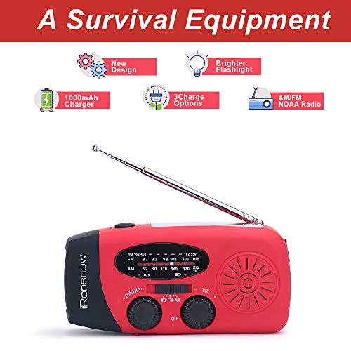 [Upgraded Version] iRonsnow IS-088+ [1000mAh] Solar Hand Crank Radio AM/FM/NOAA/WB Weather Emergency Radio, Dynamo LED Flashlight Power Bank for iPhone/Android Smart Phone (Red) - Thumbnail 5