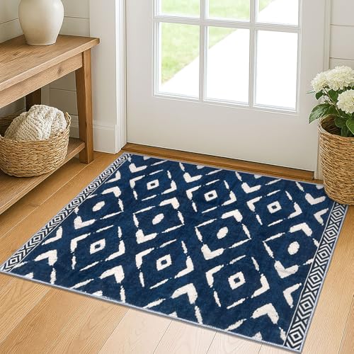 KILOCOCO Small Rug 2'x3' Entryway Rug Printed Indoor Door Mat Machine Washable Non Slip Soft Throw Rugs for Bedroom Kitchen Entrance Geometric Boho Rugs, Blue