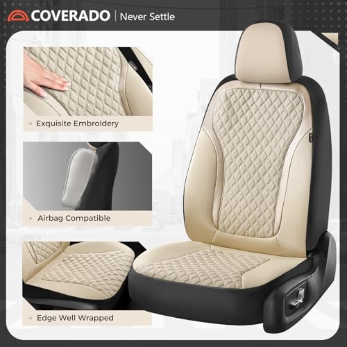 Image of Coverado Front Seat Covers, 2-Pack Luxury Leather Car Seat Cover with Carbon Fiber Weave, Waterproof Car Seat Protectors, Spill-Proof Car Seat Cushion, Beige Seat Covers Universal Fit for Most Cars