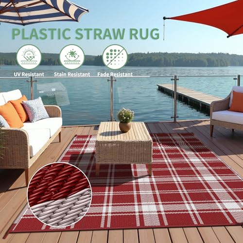 Image of GENIMO Outdoor Rug 3'x5' Waterproof for Porch, Plastic Door Mat Red Plaid | Outside Modern Carpet for Patio Decor, Balcony, Deck, Backyard, Picnic, Camping, RV, Reversible, Foldable, Lightweight