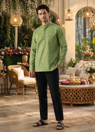 Image of Majestic Man Men's Cotton Blend Textured Regular Fit Full Sleeve Short Kurta