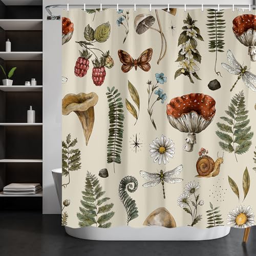 Voshin Vintage Mushroom Shower Curtain Botanical Mushroom Fern Forest Plants Fabric Shower Curtains for Bathroom Boho Shower Curtain Set with Hooks, Beige, 69 X 78 Inches by Voshin - Used condition - Image 2
