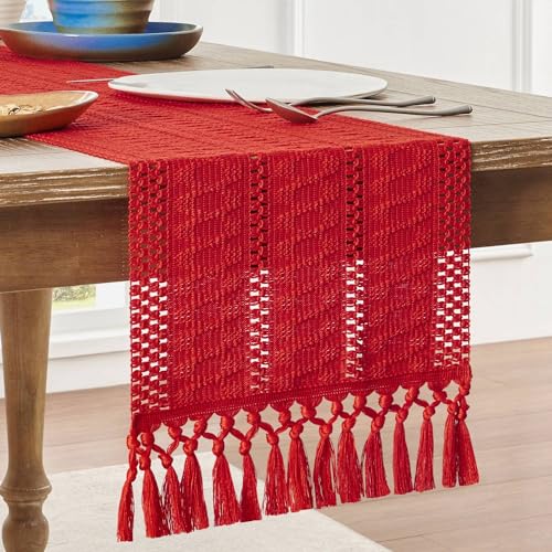Image of ZeeMart Macrame Style Boho Table Runner, Red Table Runners 72 Inches Long, Farmhouse Woven Home Decor, 12x72 Inch, Red