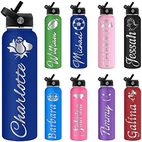 Custom Water Bottles Personalized with Straw Lid 24 oz Customized Stainless Steel Water Bottles with Engraved Names Double Wall Insulated for School Sports