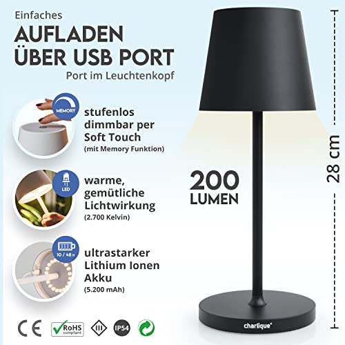 charlique® LED Akku Tischleuchte - kabellos, 2er Set, schwarz 28 cm, dimmbar, Alu