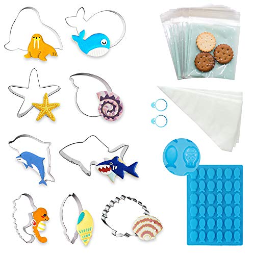 Juego de 90 moldes cortadores de galletas, 9 piezas de moldes para galletas de océano + 1 molde de pescado y chocolate + 50 bolsas de caramelos + 10 bolsas de ribetes + 2 bridas
