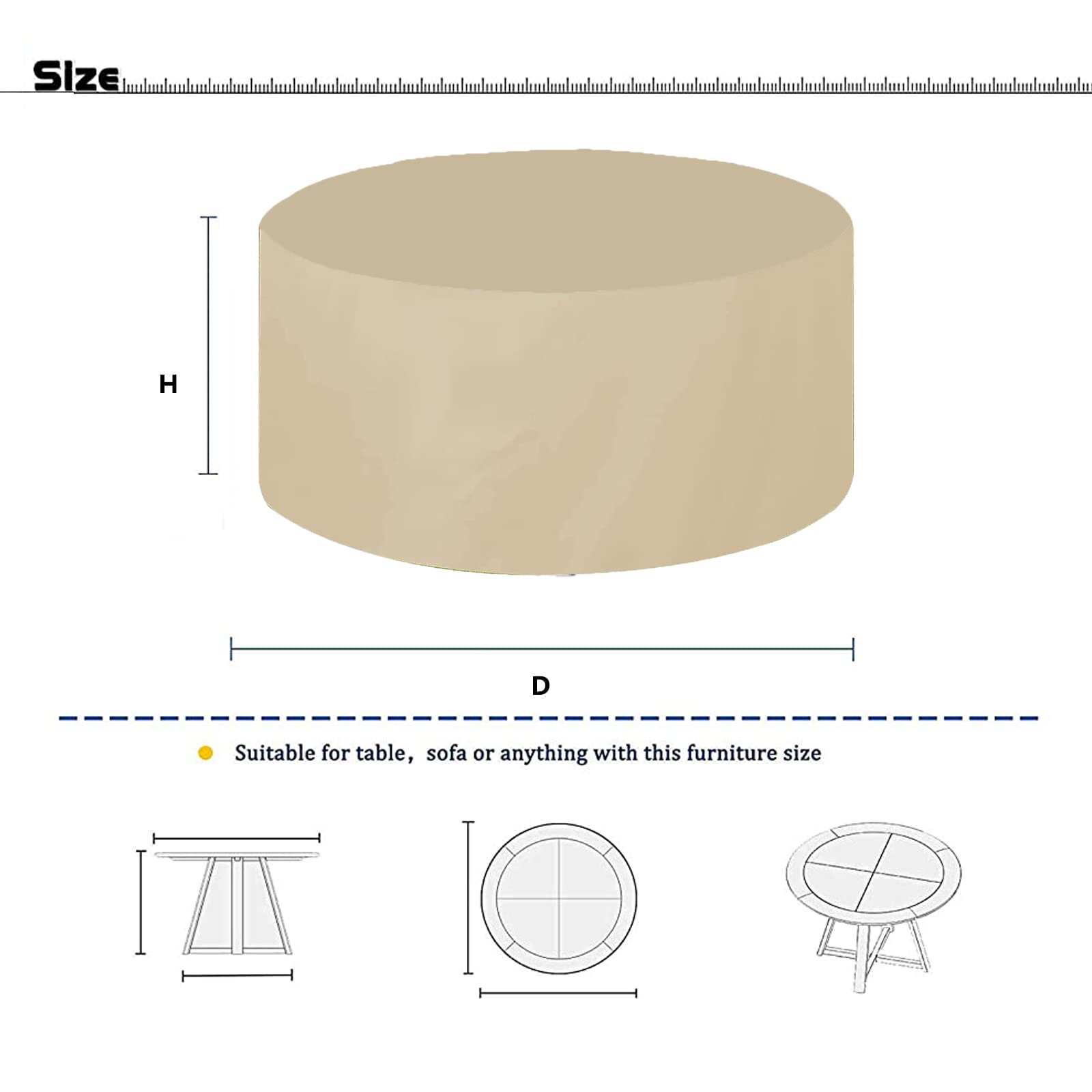 Pokrowce na stół ogrodowy, Nadaje się do mebli okrągłych o wymiarach do 175x150cm - Beżowy, 420D Oxford, Wodoszczelna, Anty-UV, Pokrycie mebli ogrodowych, Ochrona mebli ogrodowych na każdą pogodę