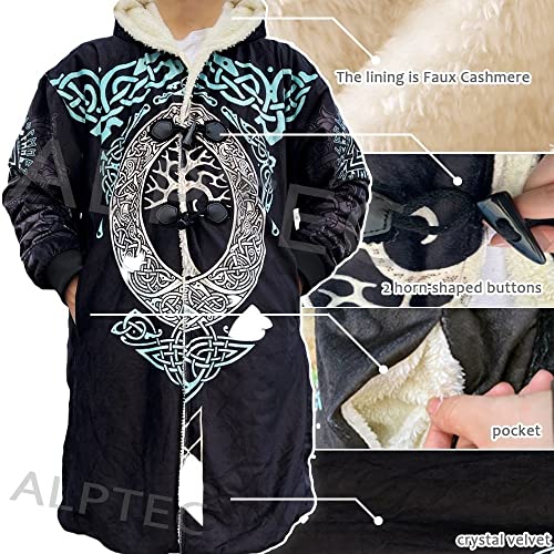 Viking Hooded Coats Unisex Faux Cashmere Robe Warm Long Sleeve Cloak Norse Myth Compass And Odin Raven Tattoo Overcoat3