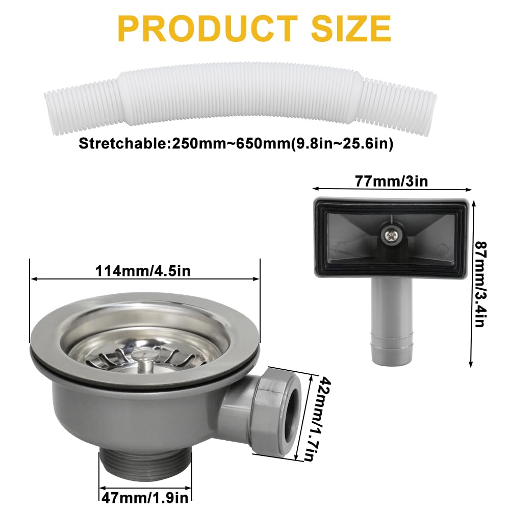 Desague Fregadero de Cocina 114 mm Válvula Desagüe Fregadero G1 1/2" con Rebosadero Acero Inoxidable Colador de Cesta Para Orificios De Fregadero 83-90mm (Rectangular de 114 mm)