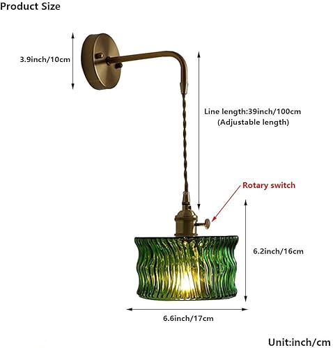 Miniatura 3 de Vintage Green Glass Wall Sconce with Adjustable Chain and Switch Modern Living Room Lighting Fixture E26E27 Base(17 * 16cm)