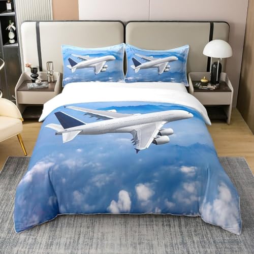 richhome 100% Coton Parure de Lit,Avion Impression Ensemble de literie,Avion Volant Bleu Ciel hélicoptère Volant Housse de Couette 200x200cm