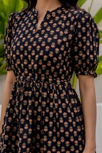 Image of LABEL ADRIJA Pure Cotton Calf Length Midi Dress for Women Floral Print | Flared Anarkali Dress Puff Sleeves