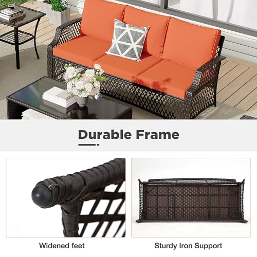 Image of HOMREST Wicker Patio Furniture 3-seat Sofa,Outdoor Seating Couch with Cushions, All-Weather Patio Couch for Porch, Poolside, Garden, Deck(Orange)