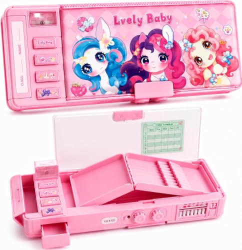 Image of Multifunction Pencil Box for Kids, Cute Pink Cartoon Unicorn Pencil Case with Sharpener, Pop-Up Compartments, Pencil Slots, Class Schedule & Name Label, School Stationery Organizer for Girls