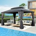 Domi 12’ x 16’ Outdoor Hardtop Gazebo, Upgraded Metal Gazebo with Galvanized Steel Double Roof, Heavy Duty Canopy Permanent Pavilion for Patio Lawn and Garden, Curtains and Netting Included, Grey