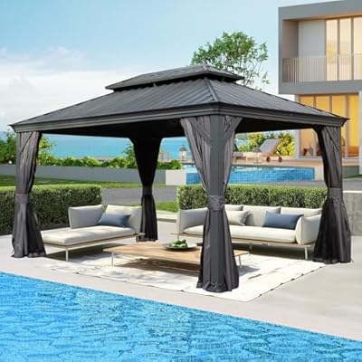 Domi 12’ x 16’ Outdoor Hardtop Gazebo, Upgraded Metal Gazebo with Galvanized Steel Double Roof, Heavy Duty Canopy Permanent Pavilion for Patio Lawn and Garden, Curtains and Netting Included, Grey