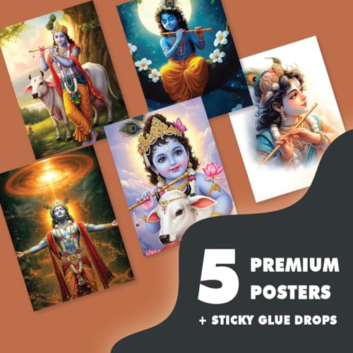 Image of Krishna ji Devotional Wall Posters, Premium 300 GSM, HD Quality, Matte Finish, 22x32 cm, Set of 5 with Glue Drops