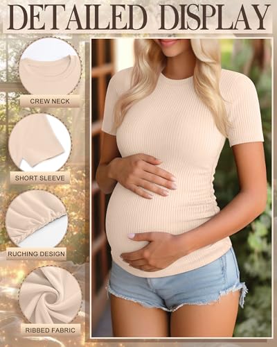 Ficerd 3er Pack Damen Umstandstops Baumwolle Kurzarm Schwangerschaftsshirts Rippstrick Freizeit Mama T-Shirts(Hellkaffee, Khaki, Aprikose)
