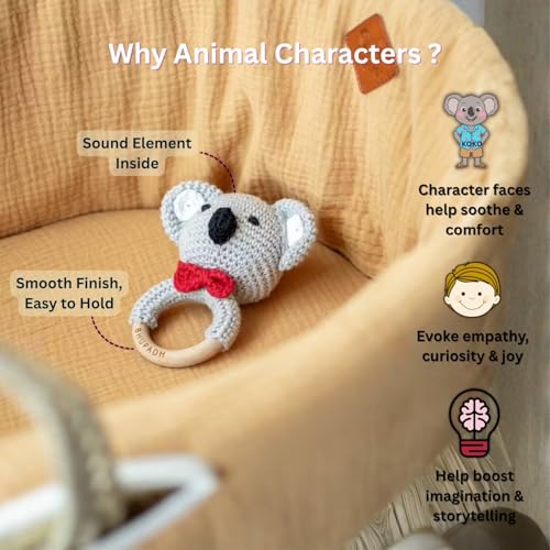 Image of Newborn Gift Box Koala Collection (0-12 Months) | 3-in-1 Set with Crochet Rattle, Wooden Dumbbell Rattle & Koala Teether | Montessori Baby Toy| BPA Free | Non-Toxic Cotton & Beechwood | Gift Box