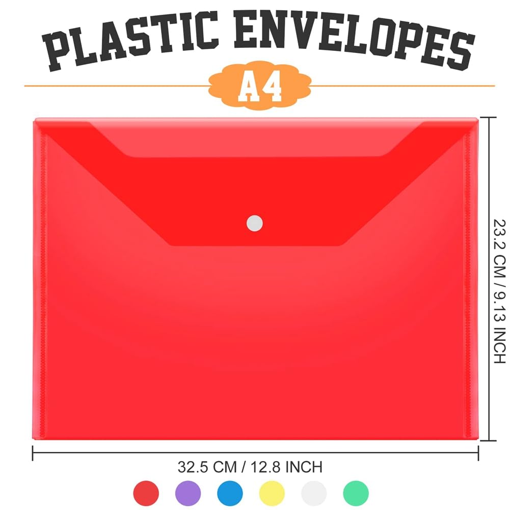 Paquete de 24 Sobres de PláStico con A PresióN, Carpetas de PláStico para Documentos, Carpetas de Sobres Transparentes A4, Bolsas para Archivos