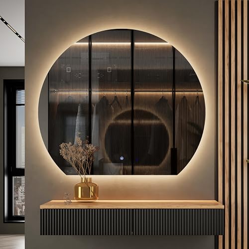 Planetmöbel Aube Spiegel mit Beleuchtung halbrund Bogenspiegel Spiegel mit LED-Licht Dekorativer Wandspiegel gerade Unterkante Dimm-Funktion 4200k neutralweißes Licht 100 x 90 cm