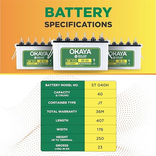 Image of Okaya Solar ST 040H, 40Ah Tubular Battery for Home, Office & Shop with 36 Months Warranty