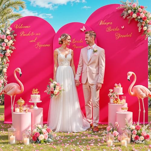 Image of Hot Pink Arch Backdrop Cover Set of 3 (7.2ft, 6.6ft, 6ft), Double-Sided Spandex Chiara Arch Frame Covers, Wrinkle-Free Vibrant Matte Fabric for Birthday Party Decor (No Stand)