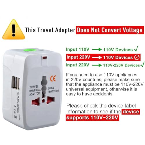 Image of fizzytech Universal Travel Adapter with Dual USB Ports, All-in-One International Power Plug for UK, US, EU, AU, Worldwide Charger for 150+ Countries, Fast Charging Multi Plug (White)