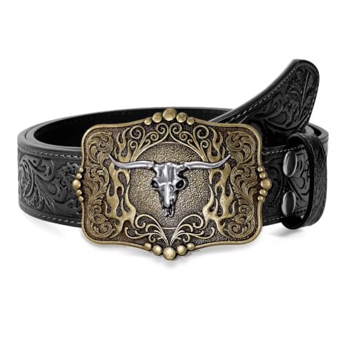 Image of Cowboy Cowgirl Belt Western Belts for Men Women Floral Engraved Longhorn Bull Buckle Belt for Jeans