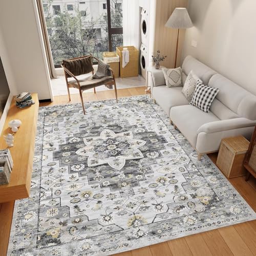 Tapis lavable en machine gris 150x180 décor vintage bohème chic - 5