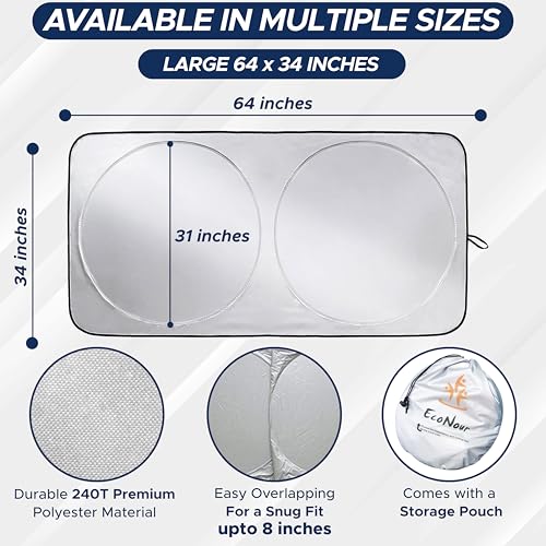 Image of EcoNour Car Front Windshield Sun Shade for Car | SUV Accessories for Maximum Sun and Heat Protection | UV-Blocking Windshield Dash Cover & Sun Visor for Cooler Interior | Large (64 x 34 Inches)