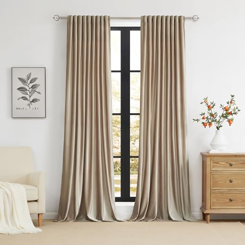 Image of PRIMROSE Full Blackout Champagne Beige Velvet Curtains 102 inch Long for Living Room,2 Panels Liner Rod Pocket Back Tab Thermal Window Curtains Room Darkening Curtain Drapes for Bedroom