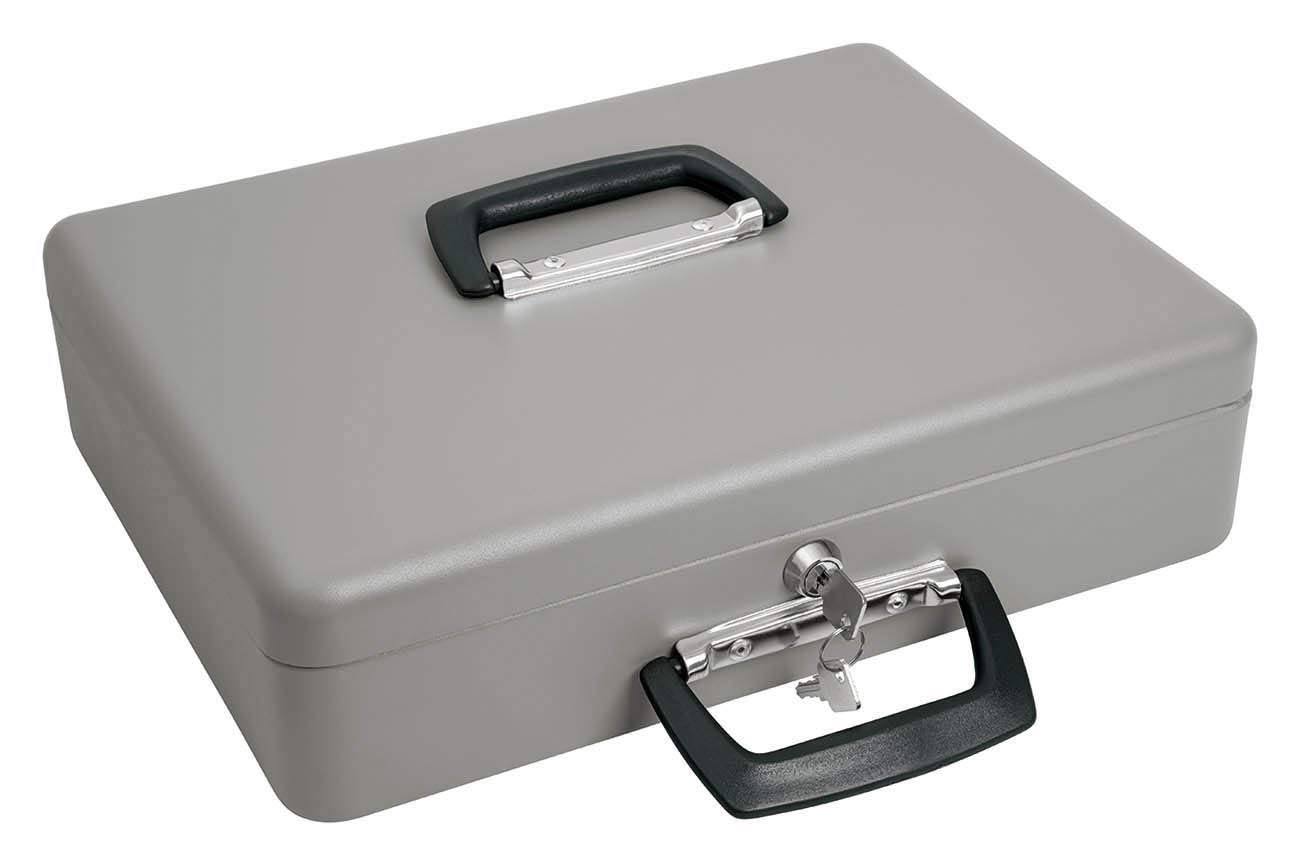 WEDO 149100812 Geldzählkassette Maxi, Pulverbeschichtetes Stahlblech, mit 2 Tragegriffen und 4-Fächereinsatz für Geldscheine, Zylindersicherheitsschloss, 37 x 29 x 11 cm, grau