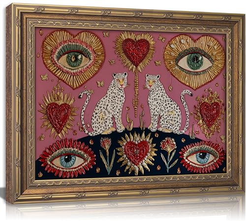 Vintage Gold Framed Gothic Leopard Wall Art Boho Witchy Psychedelic Eye Heart Canvas Prints Pink Cheetah Poster Mystical Jungle Animal Painting Picture Artwork for Bedroom Living Room Decoration