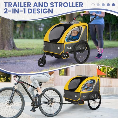 Image of Sepnine Kids Bike Trailer, 2 in1 Canopy Carrier Converts to Pushcart Suitable for 1 to 2 Toddlers, Kids, Quick Attach to Bike, Foldable, with 5-Point Harness and Storage Bags